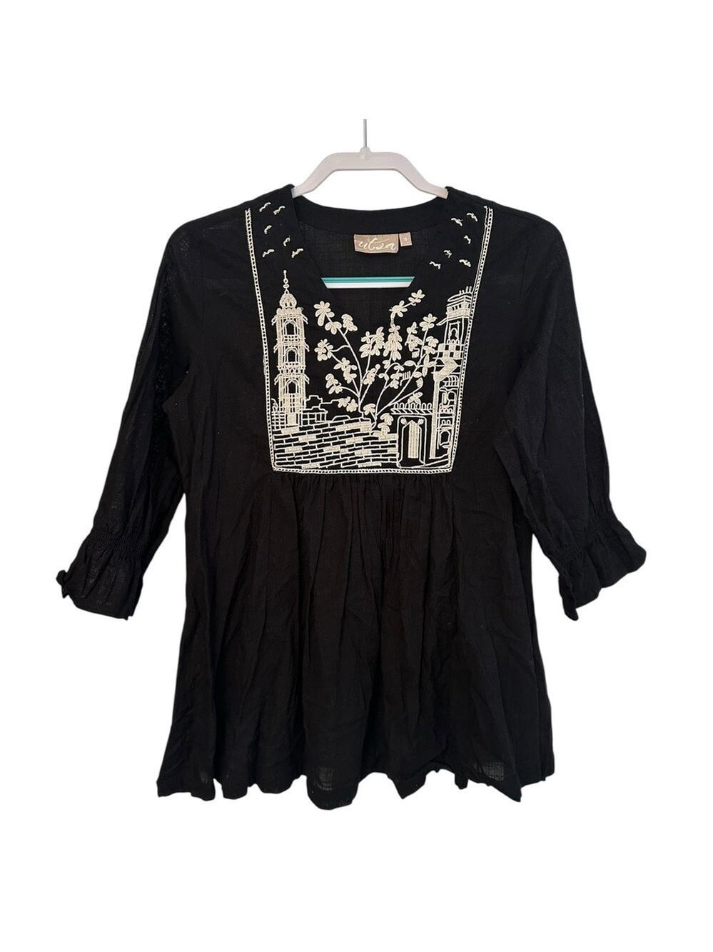 Utsa Black 3/4 Sleeve Top Cream Embroidery Women's Size S Cottage Whimsigoth EUC